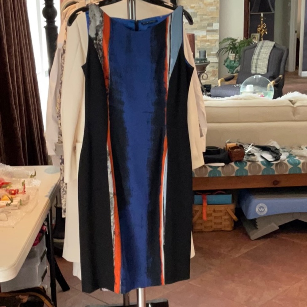 Elie Tahari Blue and Black Midi Dress with Orange Accents